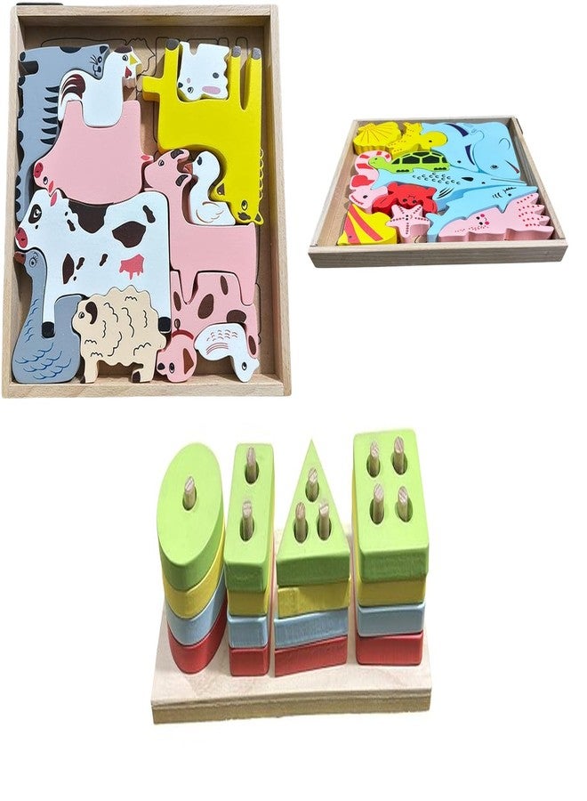 Kinder Creative 3D Domestic Animals Stacking Puzzle,3D Sea Animals Stacking Puzzle,Geometrical Column Blocks for Toddlers, Educational Puzzle and Toys for Kids Pack of 3 - Image 1